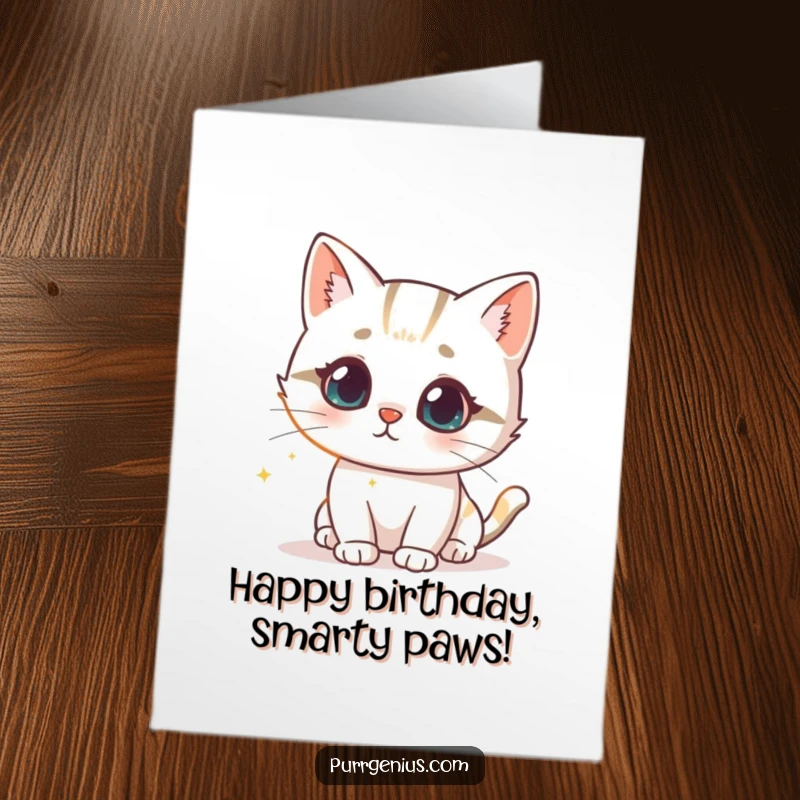 Funny Free Printable Birthday Card: Cat intrigued by a glowing formula, wishing a birthday full of wondrous discoveries.