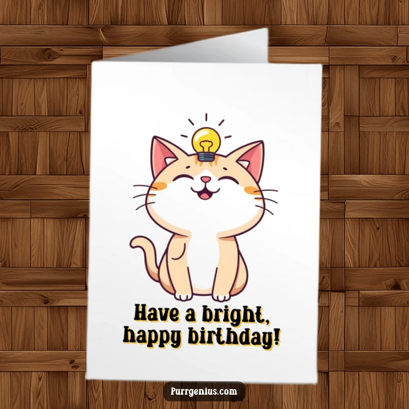 Funny free printable birthday card: a happy cat with a glowing lightbulb above its head, symbolizing inspiration.