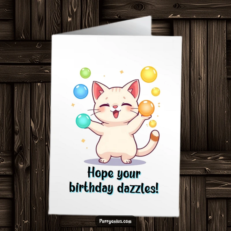 Funny Free Printable Birthday Card: A playful cat juggles glowing orbs, bringing magical, humorous energy to a birthday wish. Great gift.