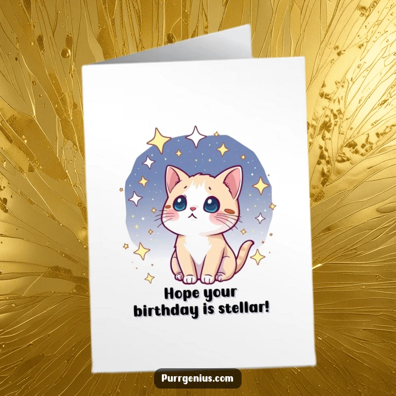 Funny free printable birthday card featuring a kawaii cat gazing up with wonder at a starry, cosmic sky, celebrating a special day.