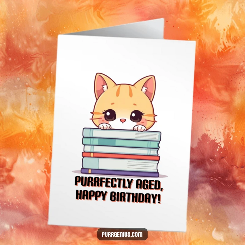 Funny Free Printable Birthday Card: Curious cat peeking from a stack of giant books, a bookworm's delight.