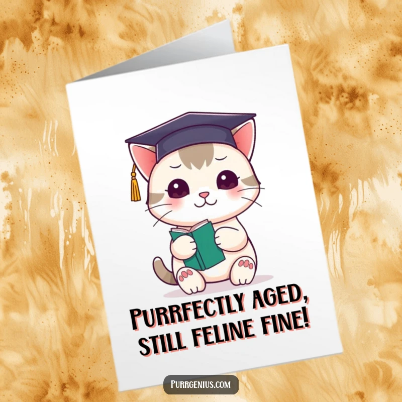 Funny Free Printable Birthday Card: A cute Kawaii cat in a graduation cap holds a book, ready to celebrate academic achievements.