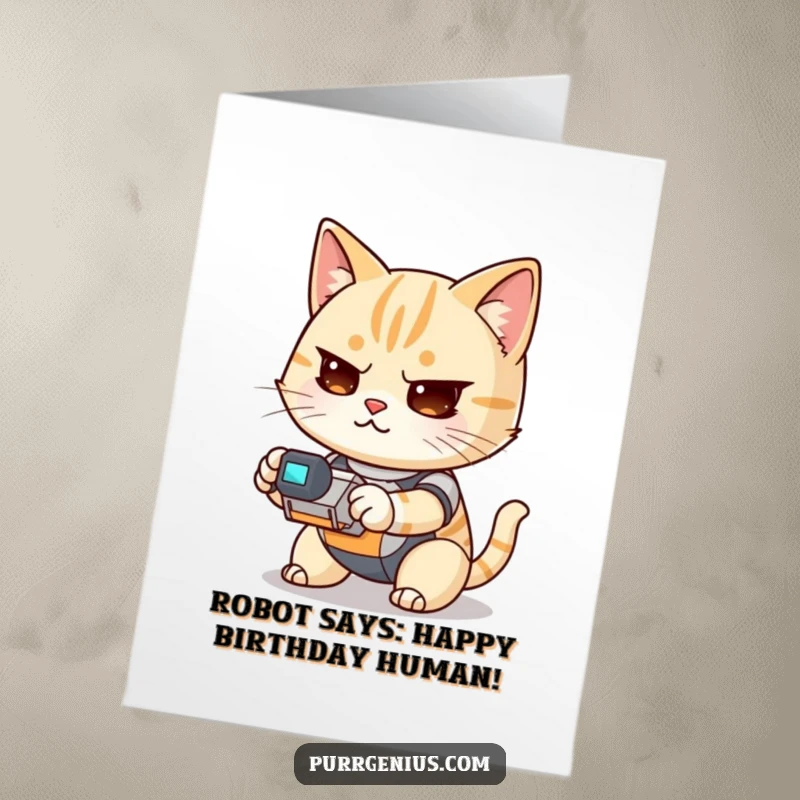 Funny Free Printable Birthday Card featuring a determined Kawaii cat operating a small robot with a funny expression.