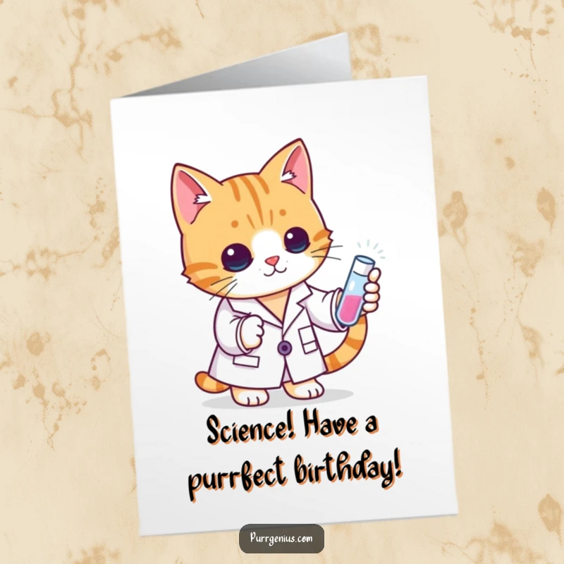 Funny Free Printable Birthday Card: Cat scientist in lab coat peers into test tube with curious expression.