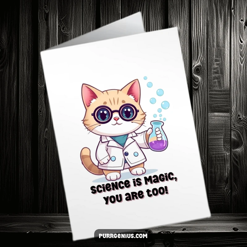 Funny Free Printable Birthday Card: Cat scientist in lab coat with bubbly beaker, ready for a hilarious celebration.