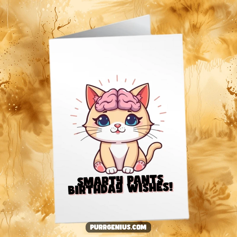 Funny Free Printable birthday card of a cat with a visible, glowing brain radiating lines of knowledge.