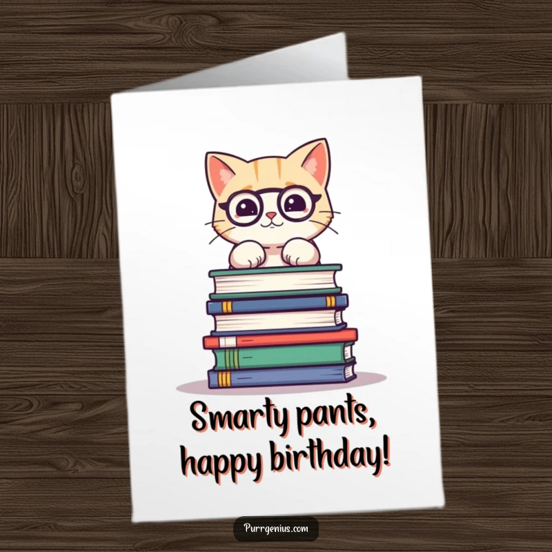 Funny free printable birthday card featuring a cute cat brilliantly balancing a tall stack of science books, looking studious.