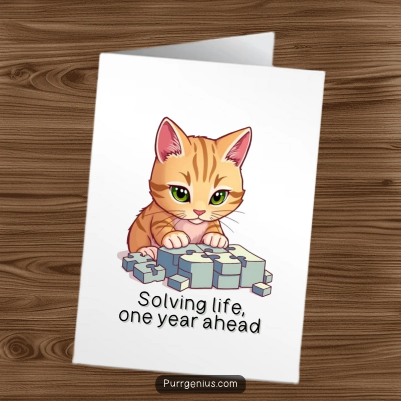 Funny Free Printable Birthday Card: Cat intensely focused on a complex jigsaw puzzle, ready for a birthday surprise.