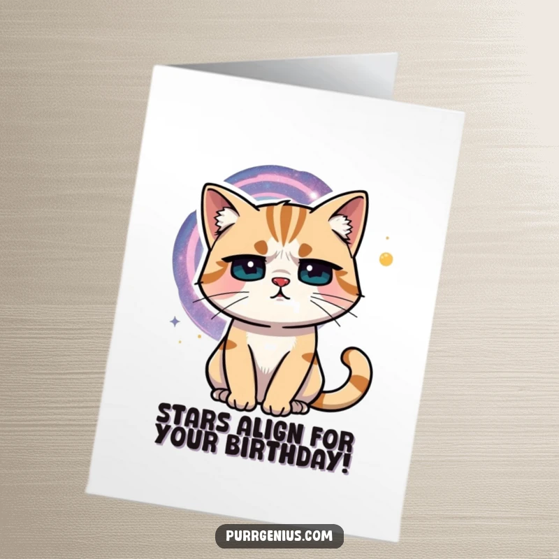 Funny Free Printable Birthday Card: A pensive cat stares at a swirling galaxy, contemplating cosmic birthday wonders.