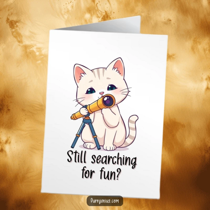 Funny Free Printable Birthday Card featuring a curious cat with a tiny telescope, ready for cosmic birthday wishes.