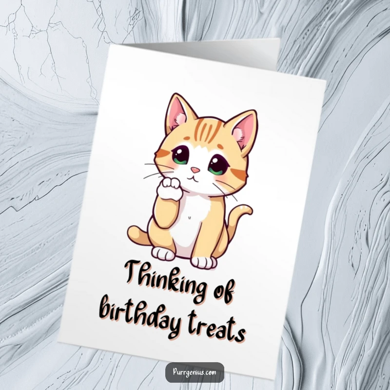 Funny Free Printable birthday card of a cat with a raised paw, looking deeply thoughtful and pensive.