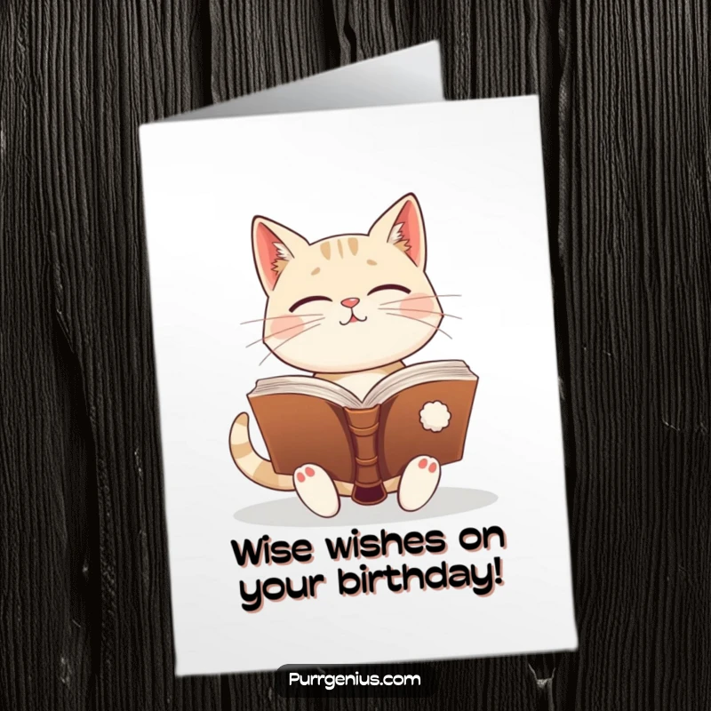 Funny Free Printable Birthday Card: An enlightened cat reads a giant ancient book, sharing birthday wisdom.