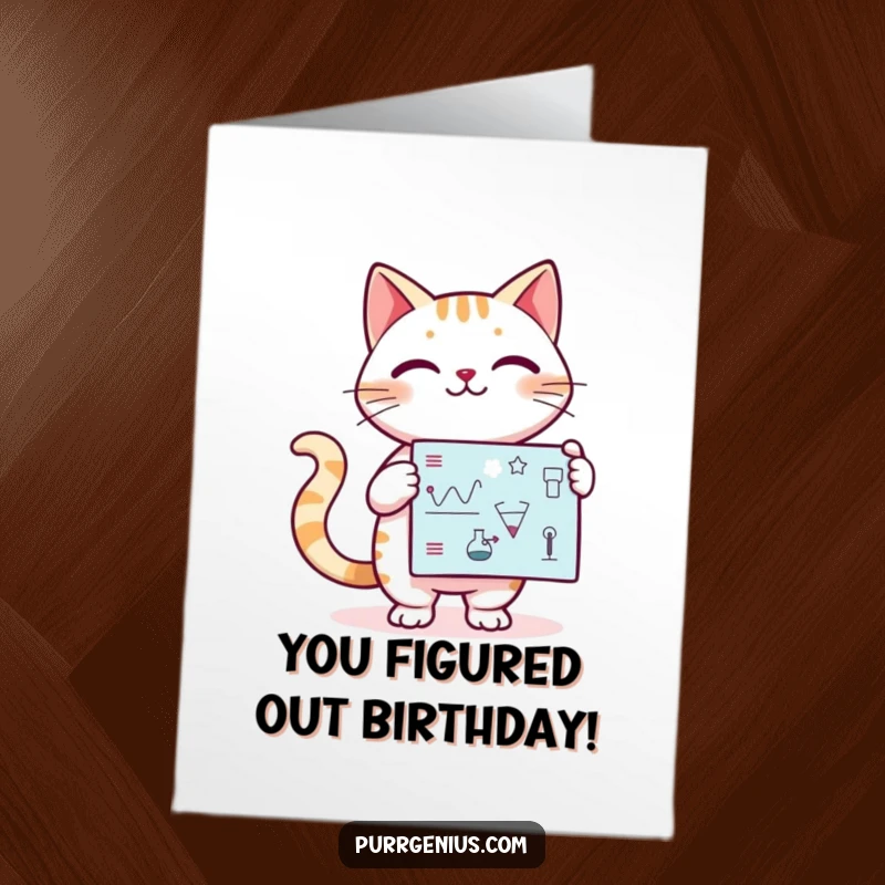Funny Free Printable Birthday Card featuring a cute Kawaii cat confidently presenting a detailed scientific diagram with a knowing look.