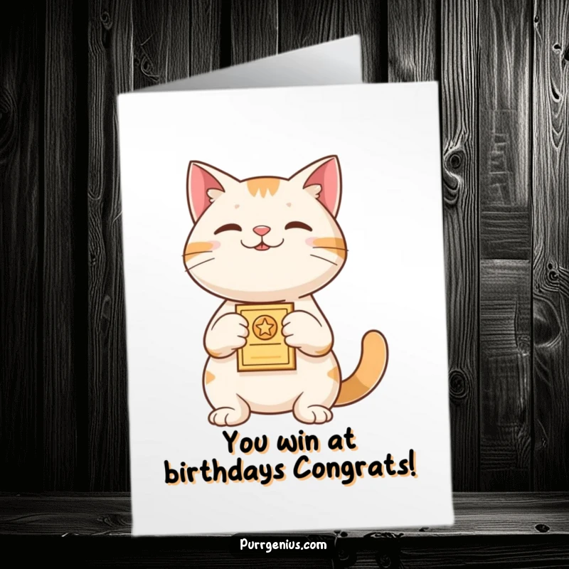 Funny Free Printable Birthday Card: A proud cat holds up a tiny trophy, presenting it as a birthday award to the recipient.