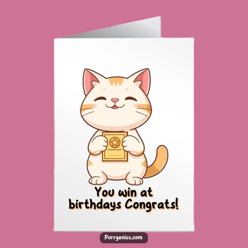 Free Printable Birthday Card: Award-Presenting Cat, Celebrate Victories with Funny Downloadable Gift