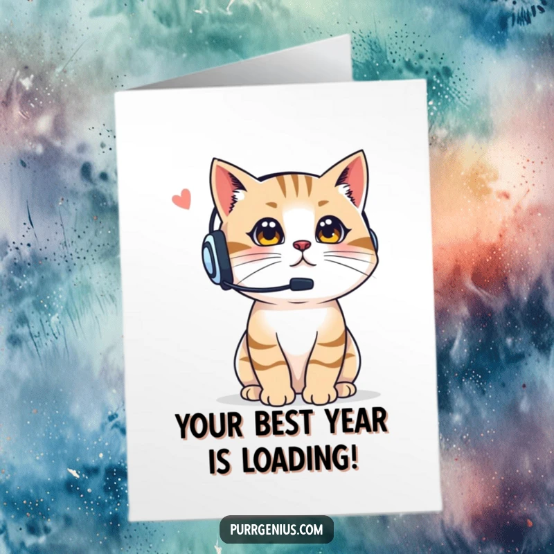 Funny Free Printable Birthday Card: A cat wearing a headset confidently gives instructions with loud meows.