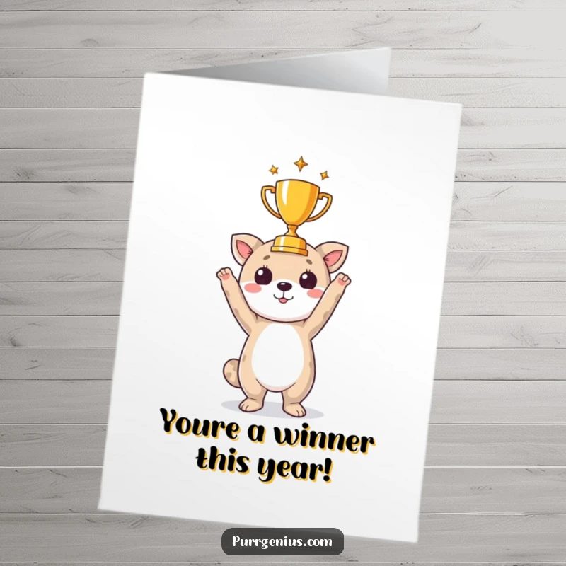 Funny Free Printable Birthday Card: An adorable animal character proudly holding a tiny golden trophy up high.