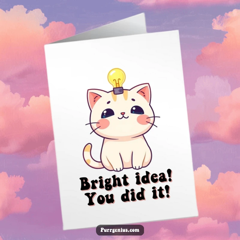 Funny Free Printable Congratulations Card: A Kawaii cat sports a glowing lightbulb, signifying a fantastic new idea.