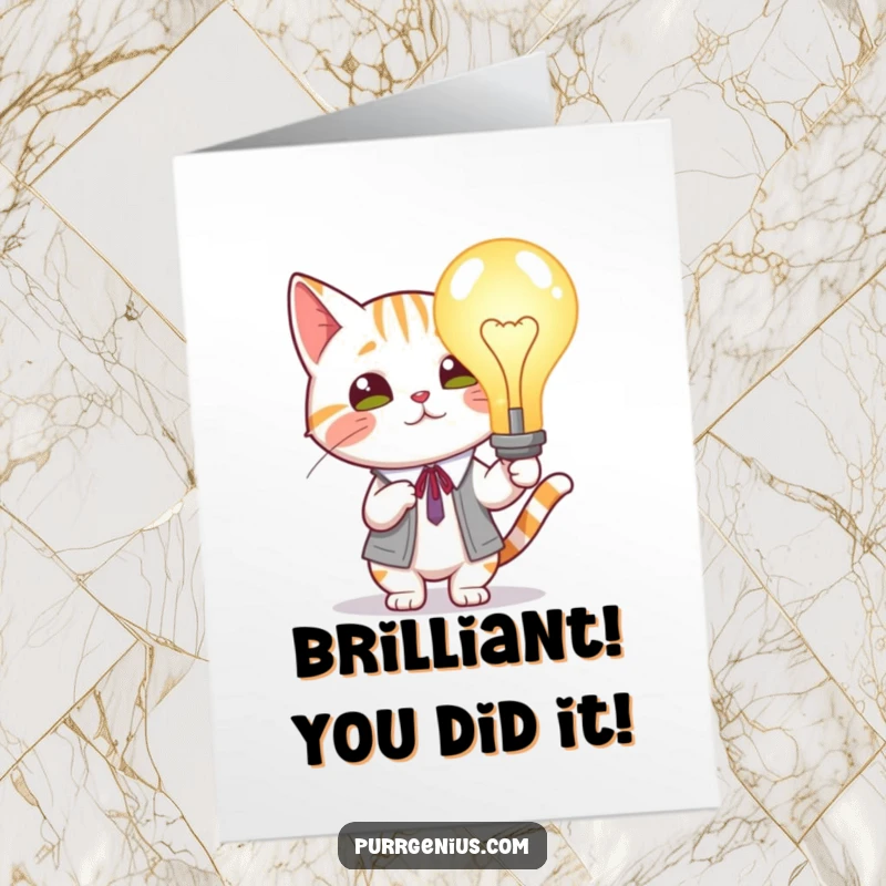 Funny Free Printable Congratulations Card: Scholarly cat proudly presents a giant glowing lightbulb, celebrating success.
