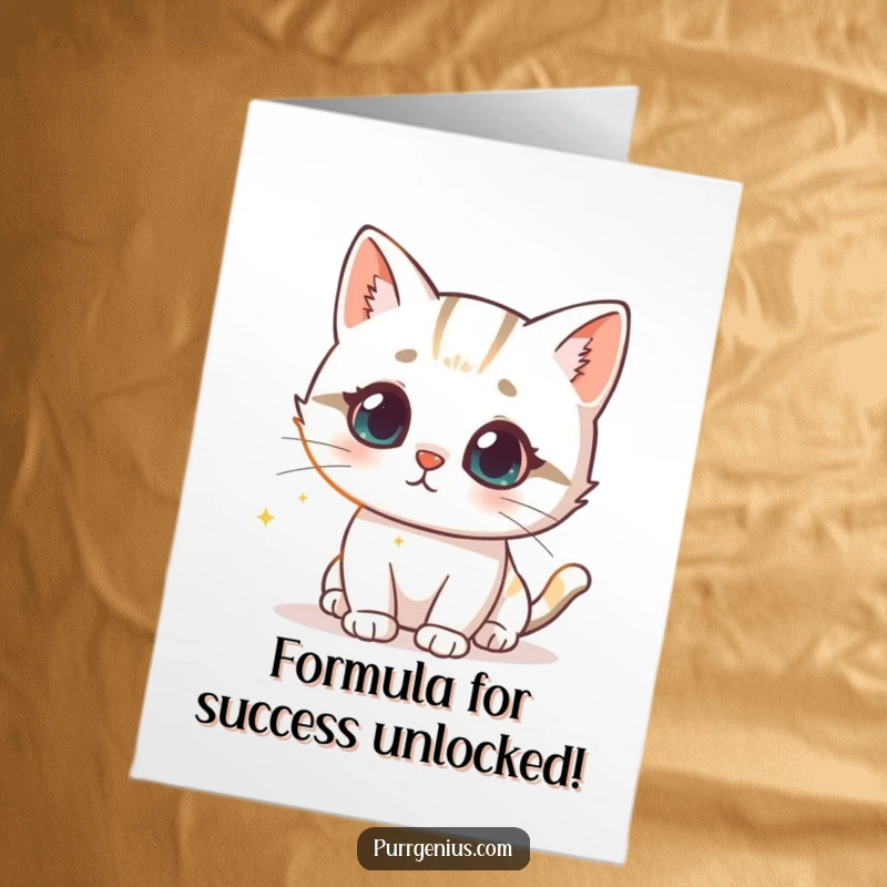Funny Free Printable Congratulations Card: Cat intrigued by a glowing formula, celebrating an important discovery.