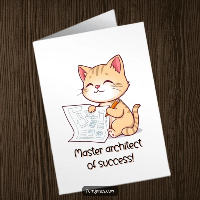 Funny Free Printable Congratulations Card: A pleased cat architects a detailed blueprint with a tiny pencil.