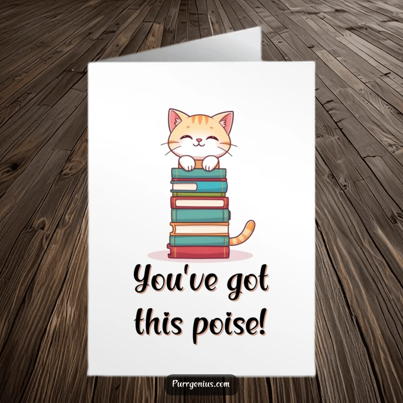 Funny Free Printable Congratulations Card: A cat demonstrates perfect balance with a stack of books on its head.