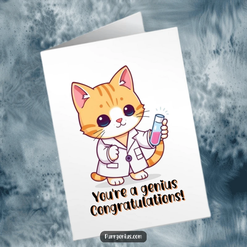Funny Free Printable Congrats Card: Cat scientist in lab coat holding up a bubbling test tube triumphantly.