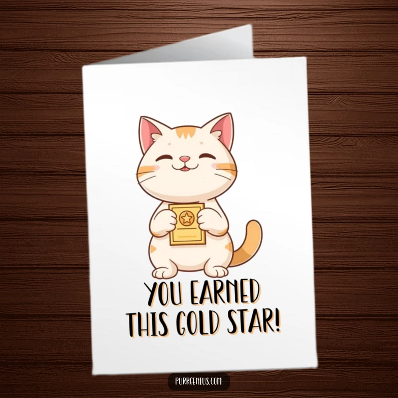 Funny Free Printable Congratulations Card: A proud cat proudly presents a miniature award, celebrating a significant accomplishment.