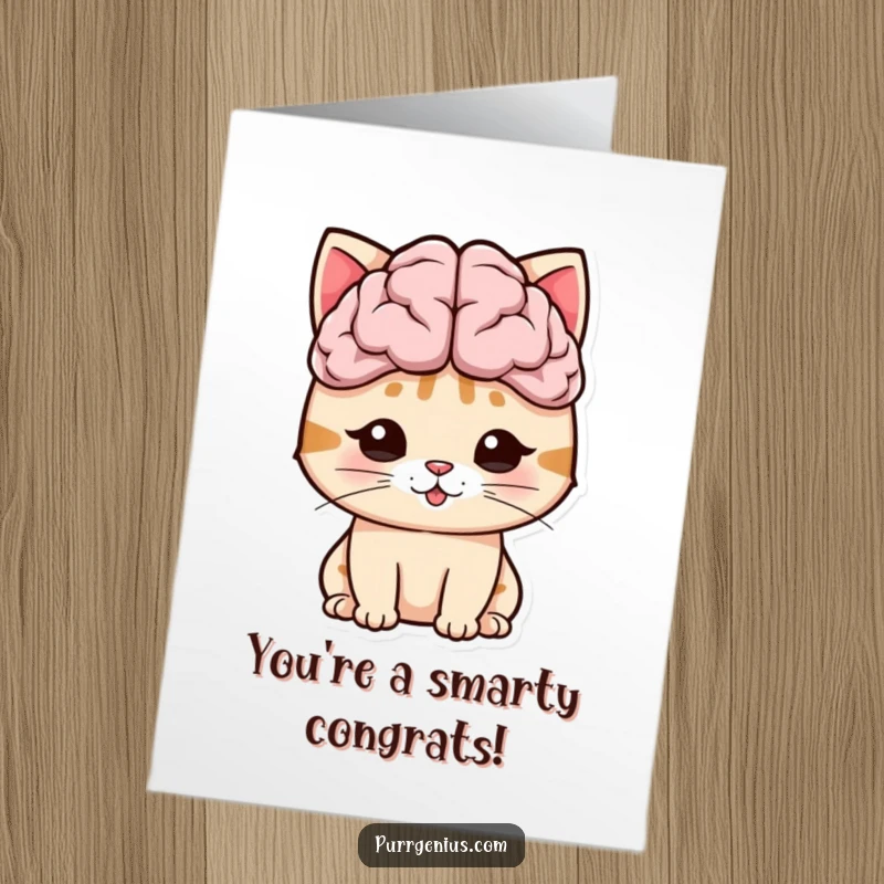 Funny Free Printable Congrats Card: Cat with a giant brain above its head beams with pride.