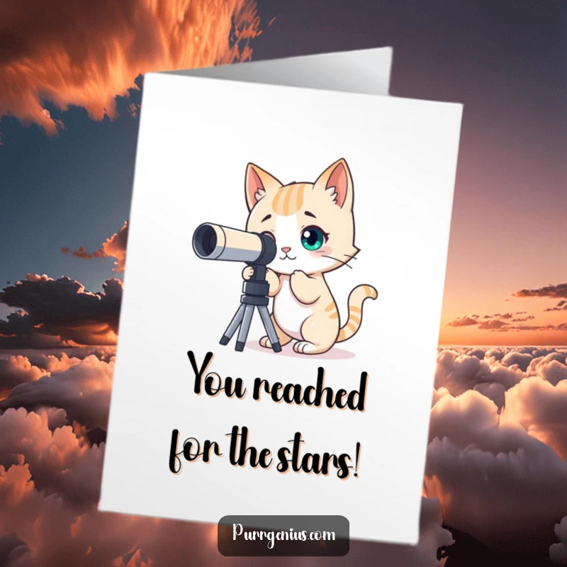 Funny Free Printable Congrats Card: A curious cat with a telescope looks at the stars, celebrating achievements with cosmic humor. Downloadable gift.