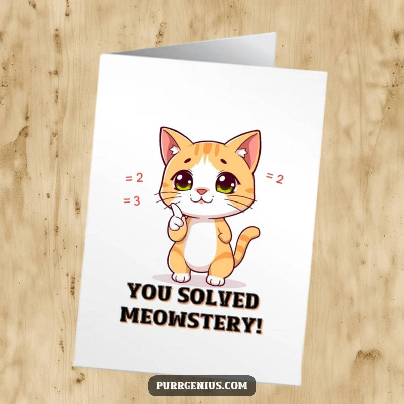 Funny Free Printable Congratulations Card: Cat dramatically pointing at a complex equation, celebrating a solved challenge.