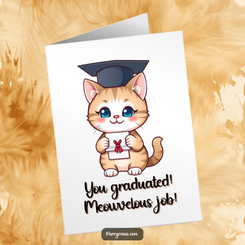 Funny free printable congratulations card: a cat wearing a graduation cap and holding a diploma, beaming with pride.