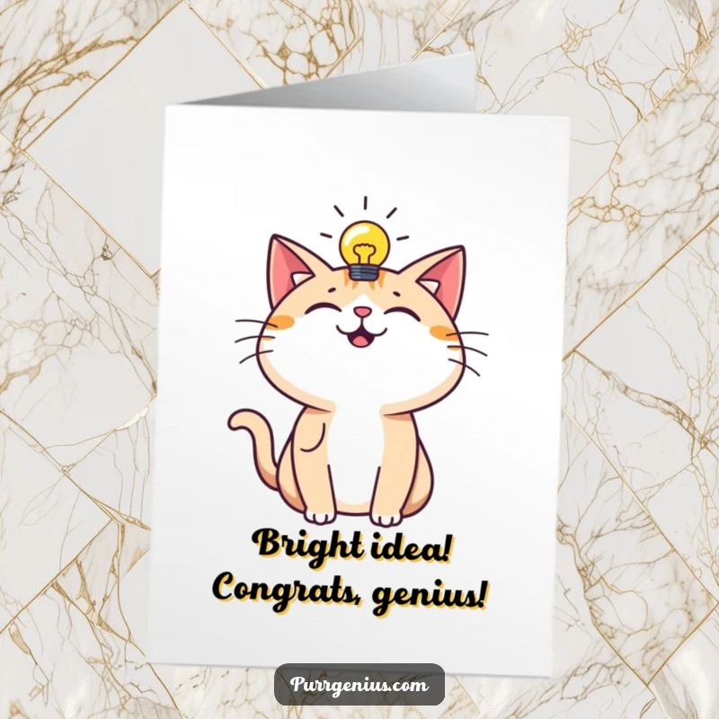 Funny free printable congratulations card: a cat with a lightbulb above its head, radiating happiness and inspiration.