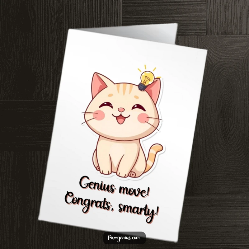 Funny Free Printable Congratulations Card: A cat beams with pride as a glowing lightbulb appears above its head, signaling a great idea.