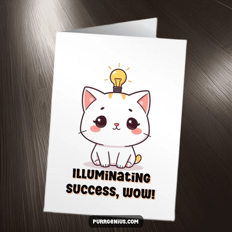 Funny Free Printable Congratulations Card: Cat with a lit lightbulb shows thoughtful genius, celebrating success perfectly.