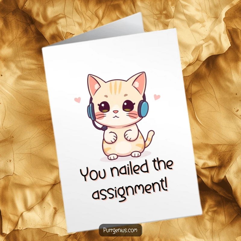 Funny Free Printable Congratulations Card: A cat in a headset confidently giving instructions, celebrating a successful mission with authority.