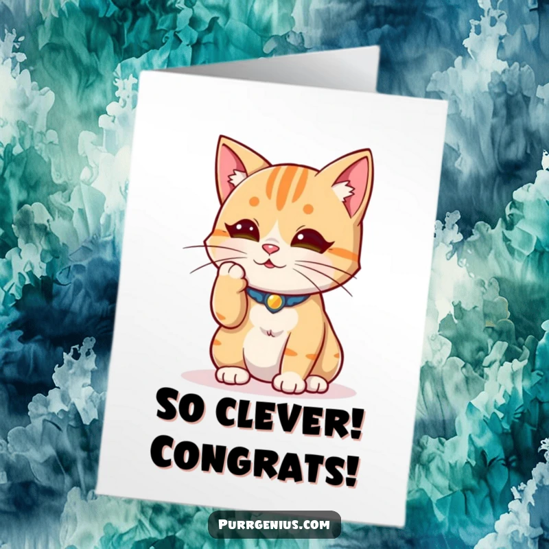 Funny Free Printable Congrats Card: Wise cat strokes whisker thoughtfully, contemplating the recipient's success.