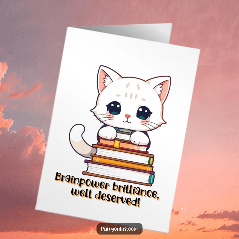Funny Free Printable Congratulations Card: Feline scholar character with a huge stack of advanced books, celebrating success.