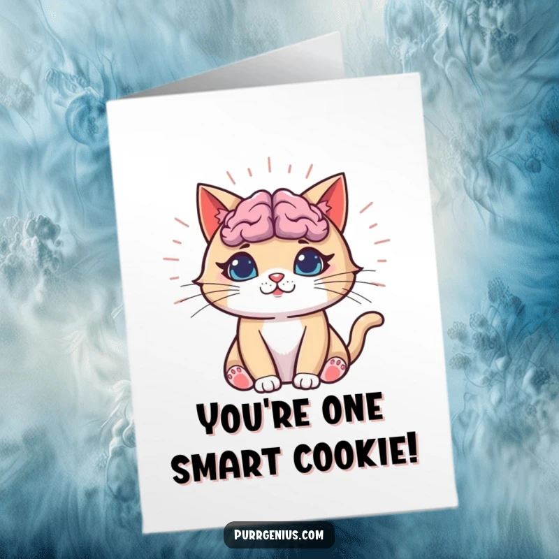 Funny Free Printable congratulations card showing a cat whose radiant brain signifies profound intelligence and insight.