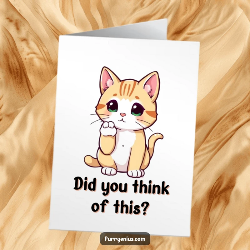Funny Free Printable congratulations card showing a cat with a paw raised, contemplating deeply with a curious expression.