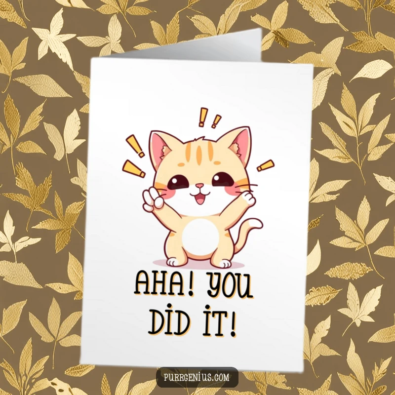 Funny free printable congratulations card featuring a cute cat character in an 'aha!' discovery pose, showing sudden understanding.