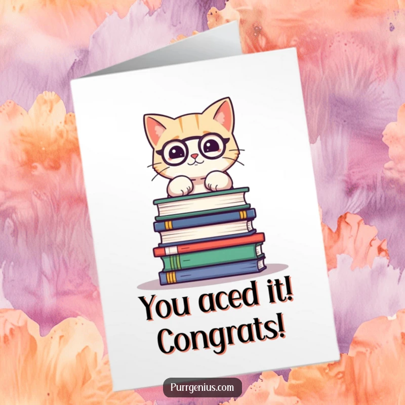 Funny free printable congratulations card showing a cute cat studiously balancing a precarious stack of science books, celebrating success.