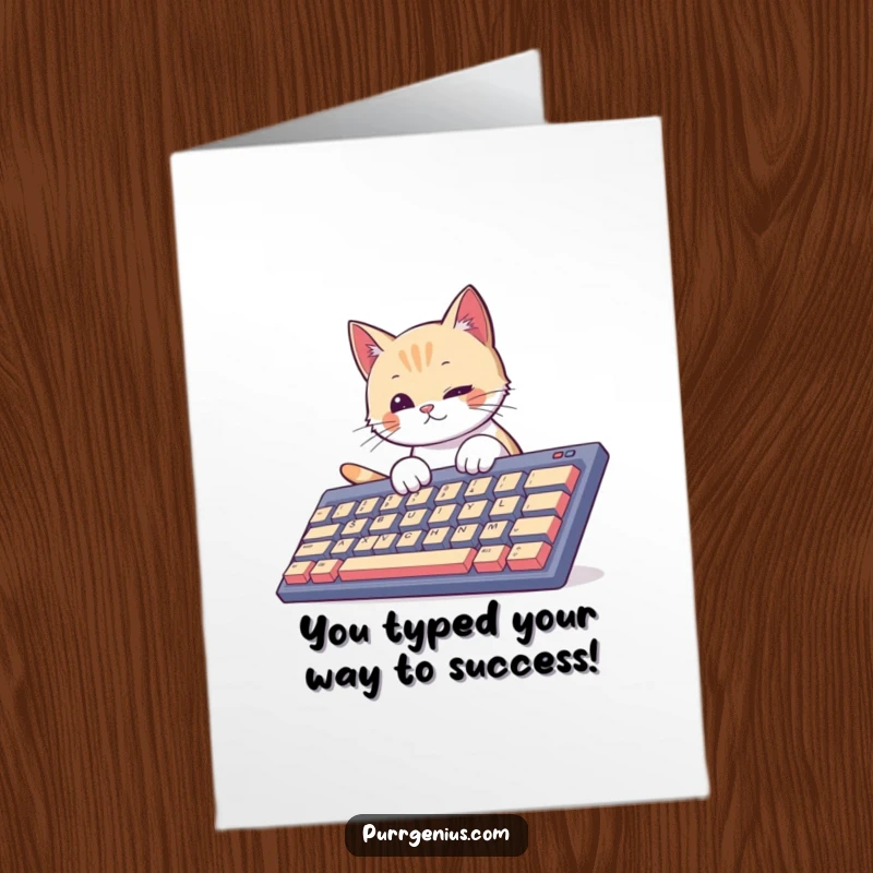 Funny Free Printable Congratulations Card: A curious cat enthusiastically taps on an oversized keyboard, celebrating success.