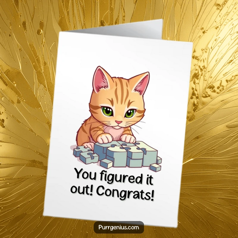 Funny Free Printable Congratulations Card: Cat intensely focused on a complex jigsaw puzzle, celebrating a win.