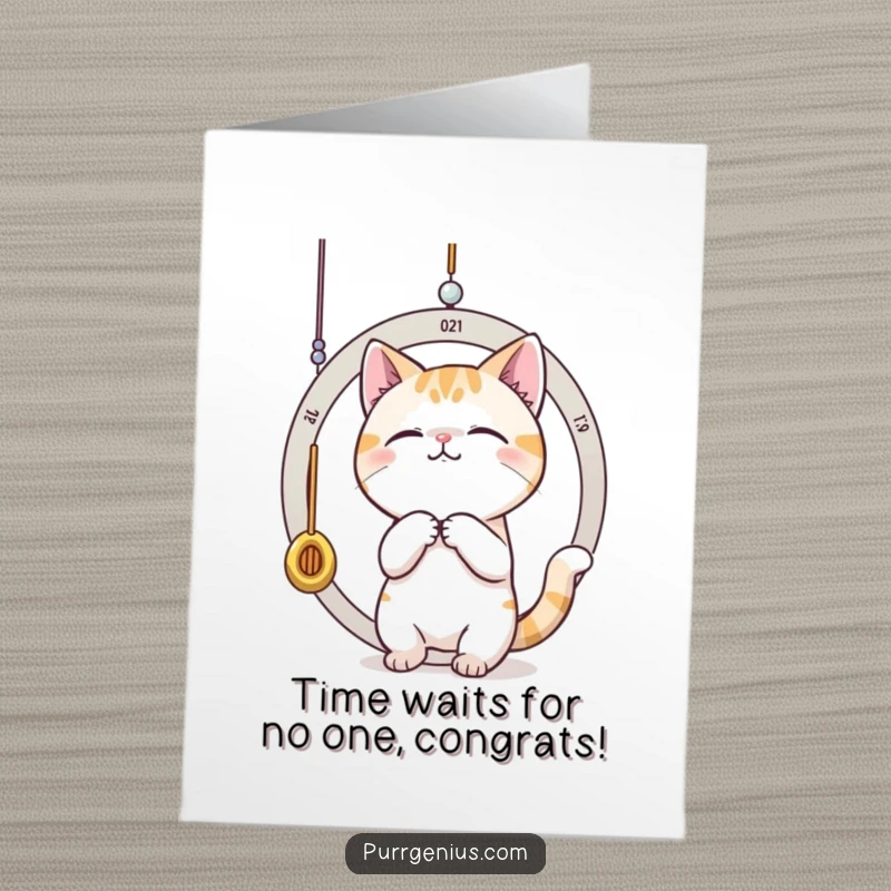 Funny Free Printable Congratulations Card: A cat playfully engages with a swinging pendulum, marking a moment of success.