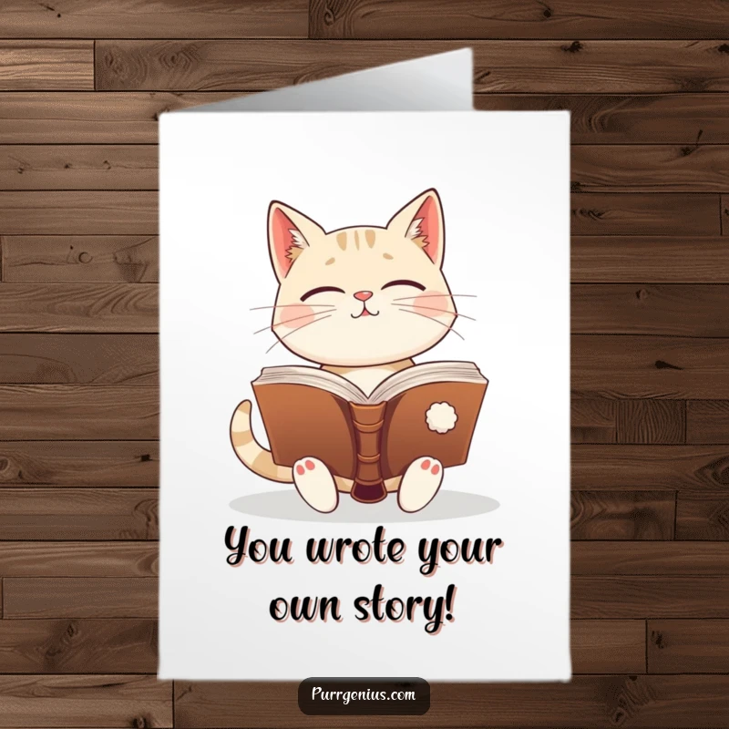 Funny Free Printable Congratulations Card: An enlightened cat holds an ancient tome, celebrating insightful success.