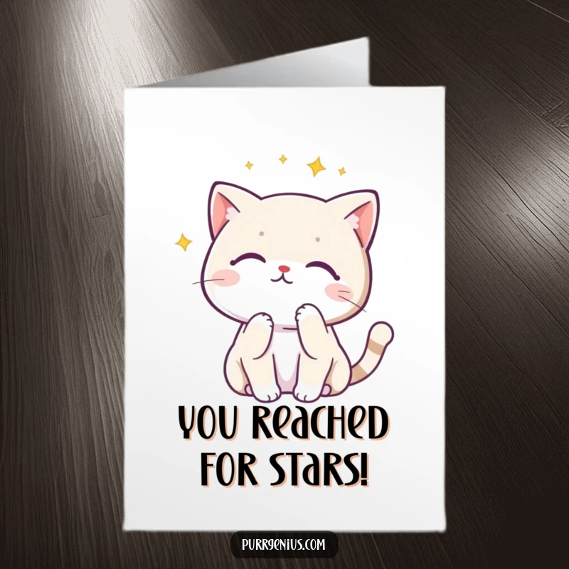 Funny Free Printable Congratulations Card depicting a thoughtful Kawaii cat contemplating a vast constellation, celebrating success.