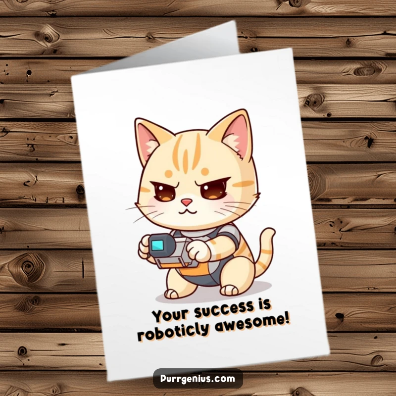 Funny Free Printable Congratulations Card showing a determined Kawaii cat focused on operating a small robot, celebrating success.