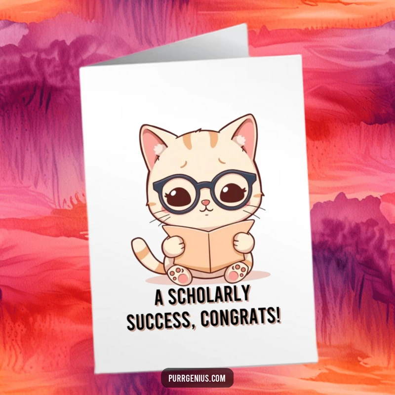 Funny Free Printable Congratulations Card: A Kawaii cat in spectacles reads a scroll, signifying intellectual accomplishments.