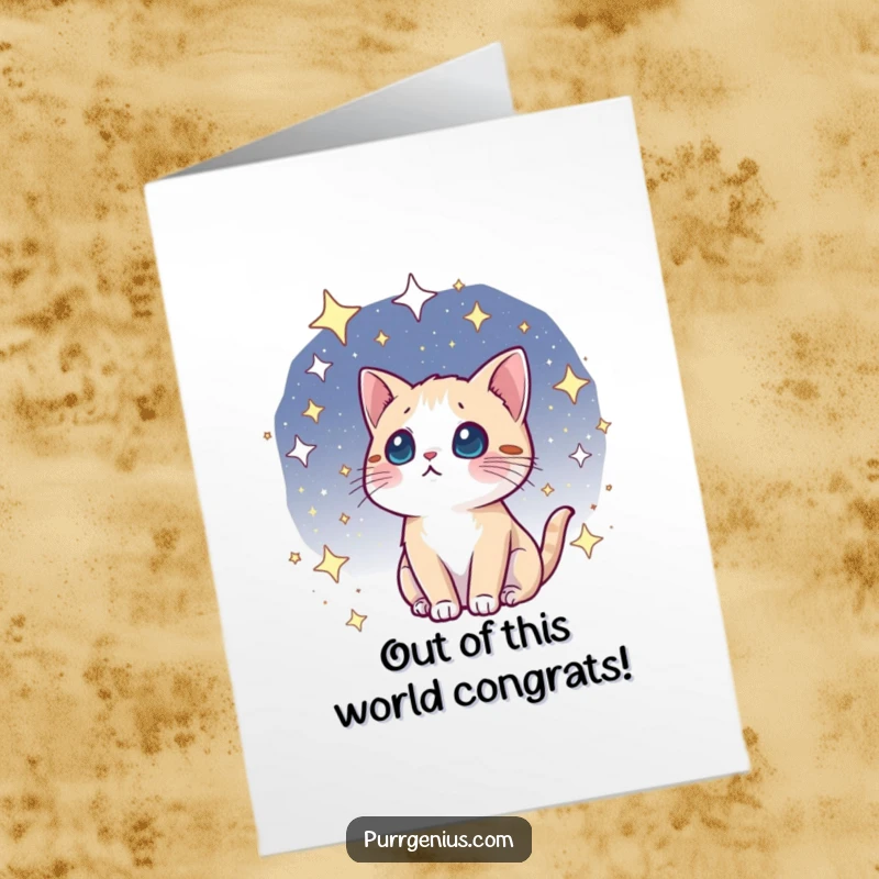 Funny free printable congratulations card with a kawaii cat looking at the cosmos, perfect for celebrating someone's galactic achievements.